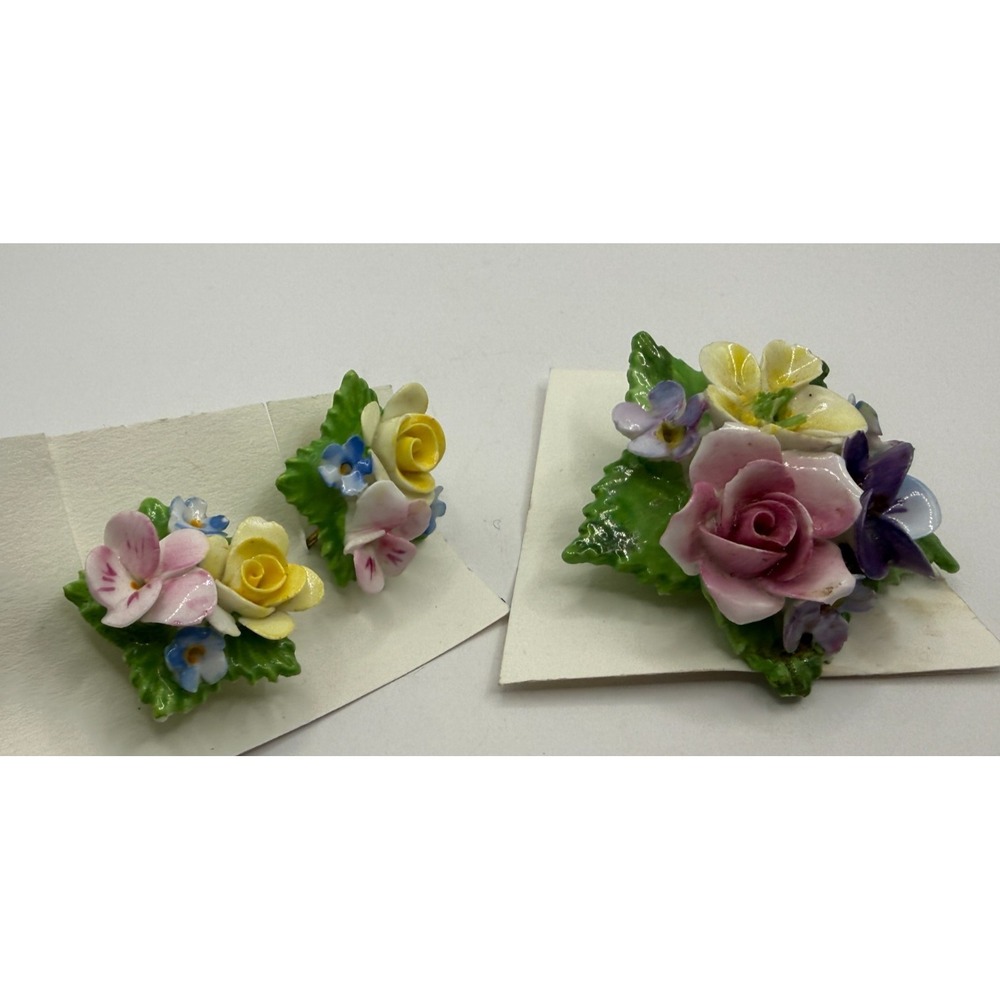 vtg Porcelain Floral Brooch & Earrings Set Hand Painted Roses Pansy Screw Back